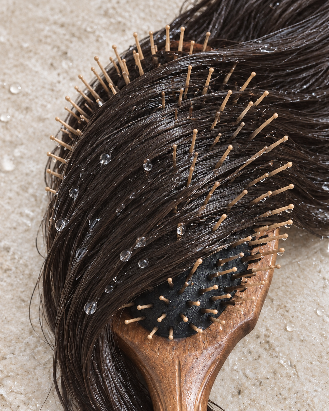 Une brosse passée dans les cheveux humides pour répartir le soin