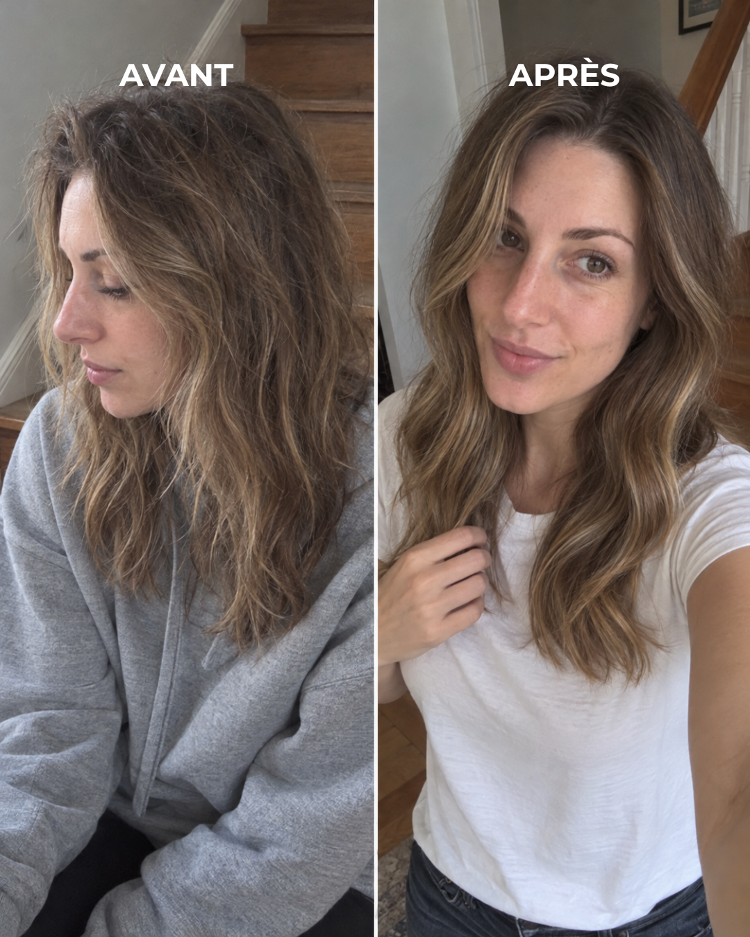 Avant/après Rinsé Hair : cheveux longs blonds, vue de dos, haut noir.