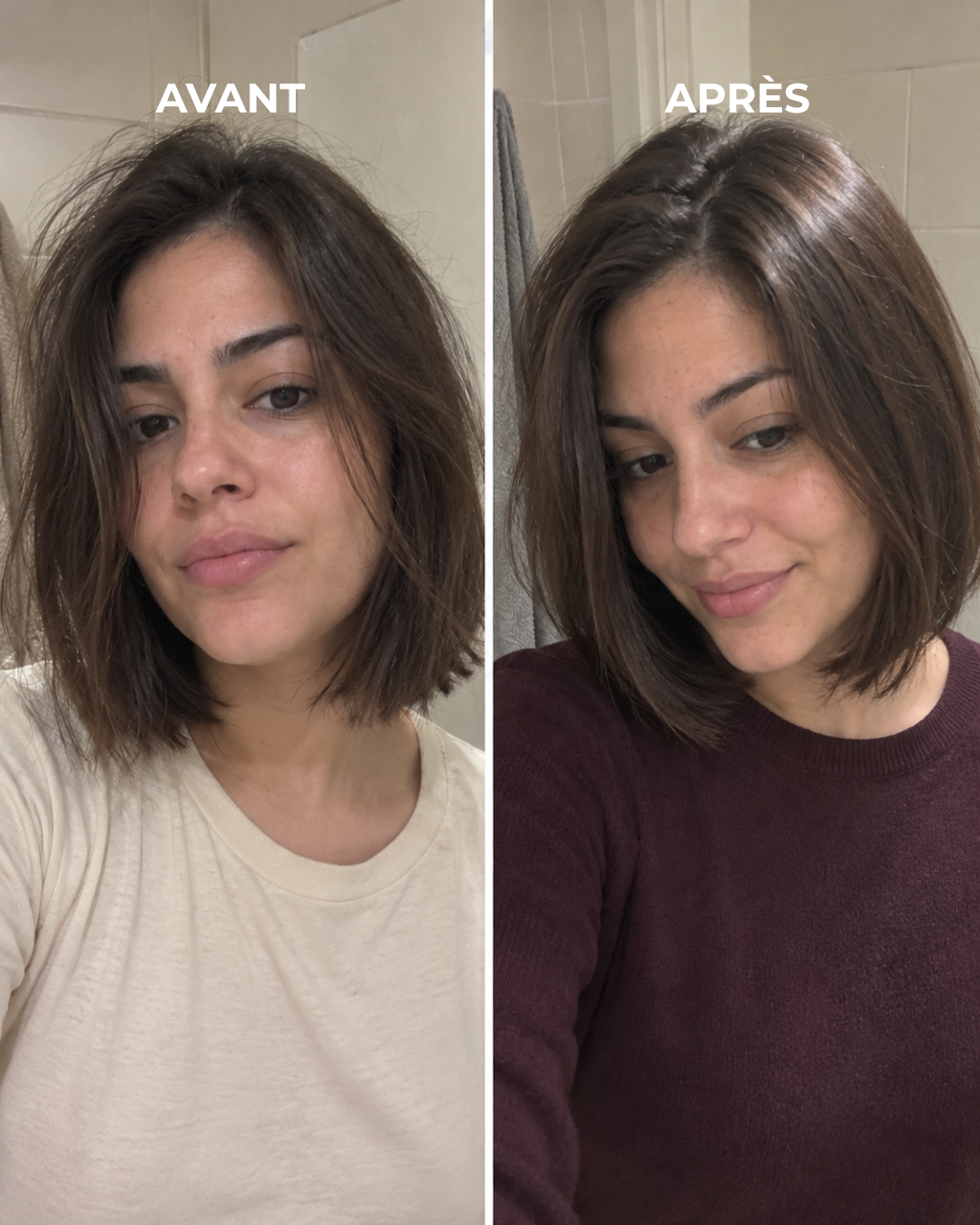 Avant/après Rinsé Hair : cheveux longs blonds, vue de dos, haut noir.
