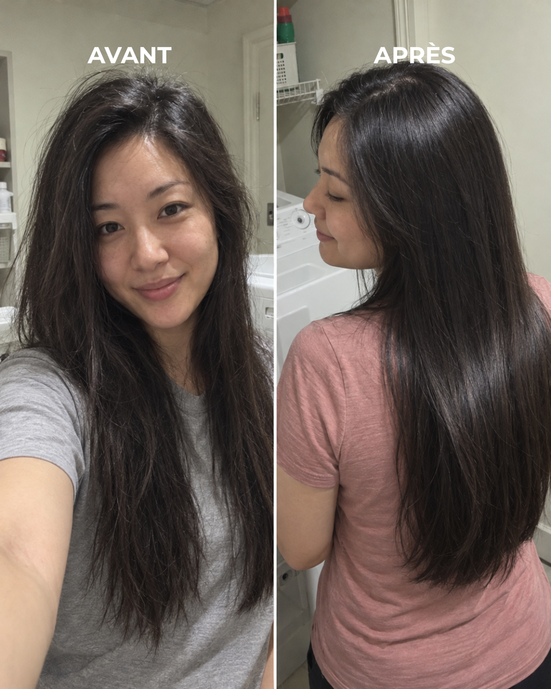 Avant/après Rinsé Hair : cheveux longs blonds, vue de dos, haut noir.