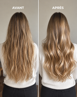 Avant/après RINSÉ HAIR — cheveux longs blonds, vue de dos, pull blanc.