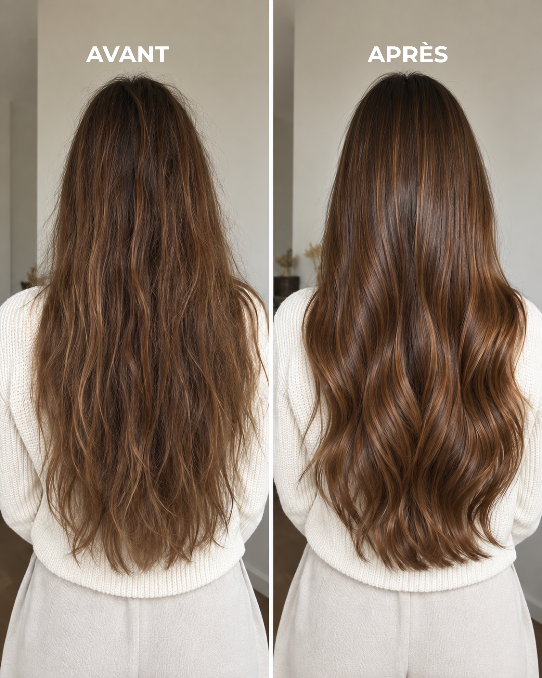 Avant/après Rinsé Hair : cheveux longs châtains, vue de dos, pull blanc.