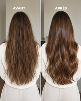 Avant/après RINSÉ HAIR — cheveux longs châtains, vue de dos, pull blanc.