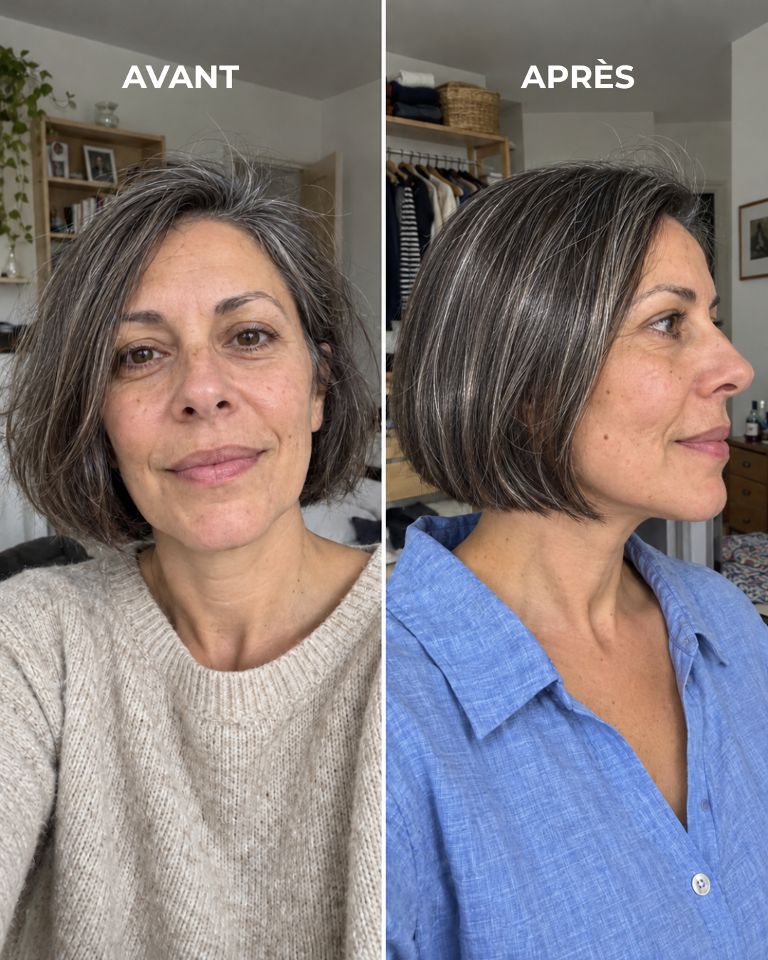 Avant/après Rinsé Hair : cheveux longs blonds, vue de dos, haut noir.