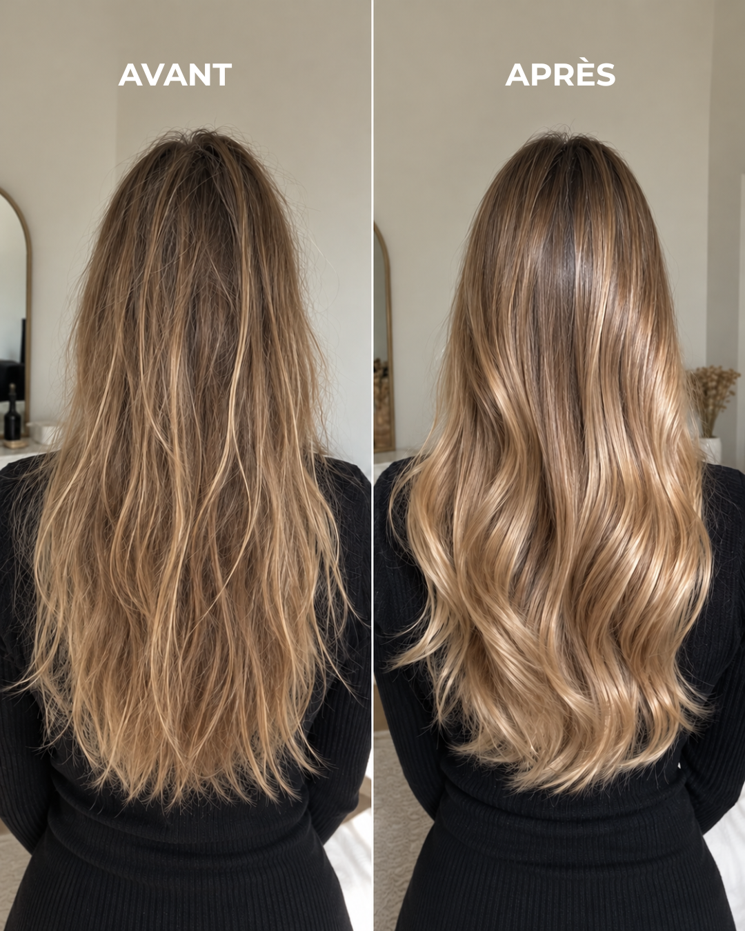 Avant/après Rinsé Hair : cheveux longs blonds, vue de dos, haut noir.