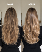 Avant/après RINSÉ HAIR — cheveux longs blonds, vue de dos, haut noir.
