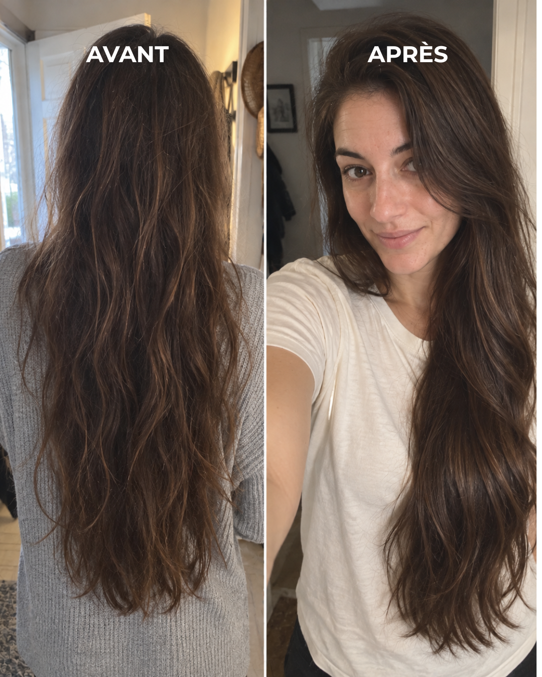 Avant/après Rinsé Hair : cheveux longs blonds, vue de dos, pull blanc.