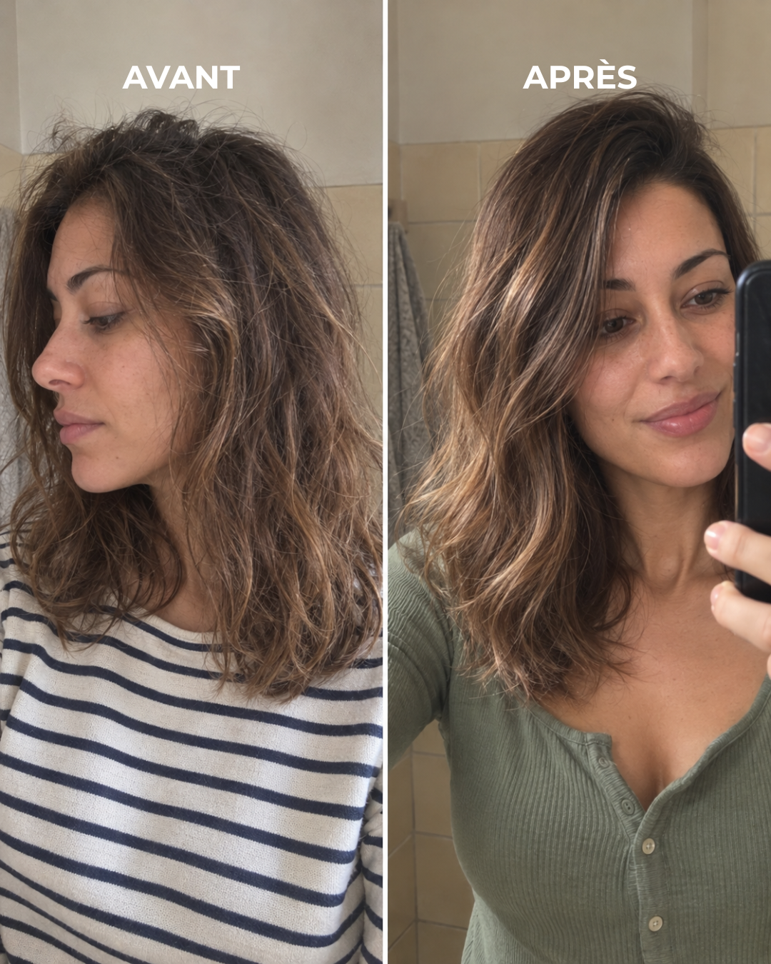 Avant/après Rinsé Hair : cheveux longs blonds, vue de dos, haut noir.