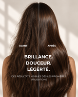 Bénéfices RINSÉ HAIR — avant et après : brillance, douceur et légèreté.
