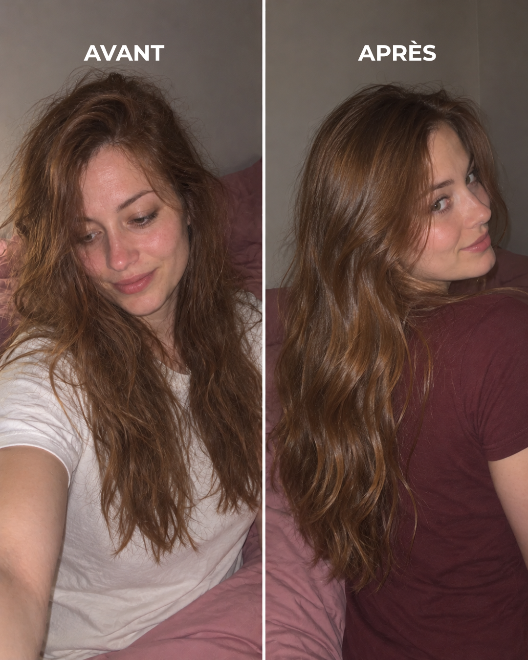Avant/après Rinsé Hair : cheveux longs châtains, vue de dos, pull blanc.